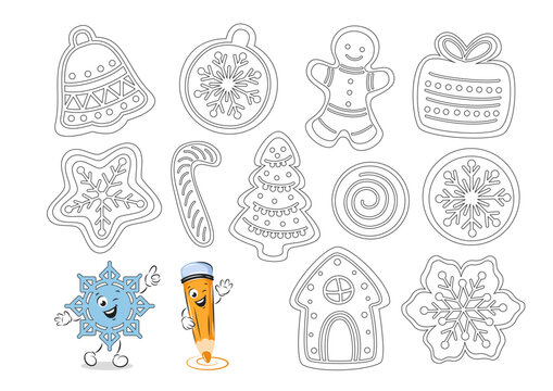Coloring page with Christmas cookies, gingerbread for children. Worksheet for practicing motor skills kids. Vector illustration
