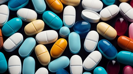 Close-up of Colorful pills, drugs and medications. Pharmaceuticals. Big pharma. Medicine background
 - obrazy, fototapety, plakaty