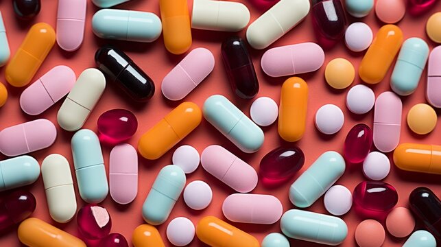 Close-up of Colorful pills, drugs and medications. Pharmaceuticals. Big pharma. Medicine background
