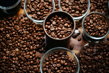 Spilled Coffee Beans on a wooden table, Studio Background Lighting