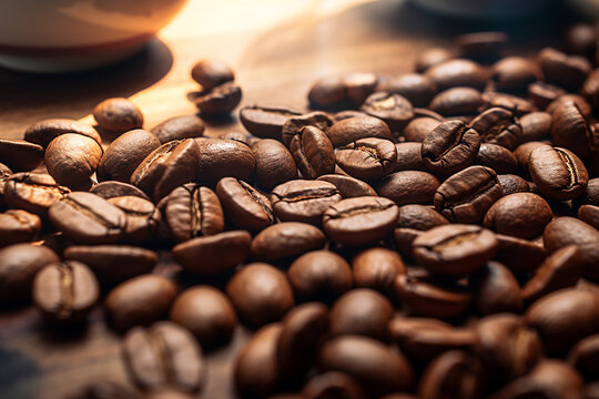 Spilled Coffee Beans on a wooden table, Studio Background Lighting