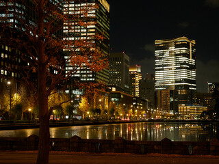 東京都の都心の東京駅周辺の高層ビルの夜景の景色