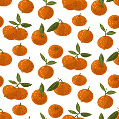 Seamless tangerine pattern with leaves. Vector fruit ornament. The texture of citrus fruits, leaves, fruit is hand-drawn. Mandarin in different turns and groups. Vector design of mandarin for print