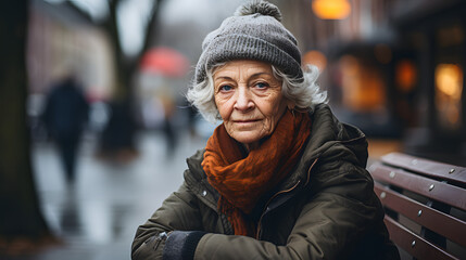 Closeup photoshoot of a senior woman sitting on a park bench, overcast day.Ai - obrazy, fototapety, plakaty