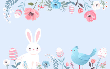 Obraz premium Floral spring horizontal banner. Bee, flowers, plants, cute bunnies, birds and Easter eggs in pastel colors. Minimalist poster, greeting card, header for website