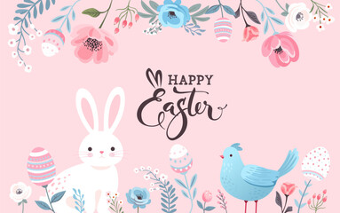 Happy Easter greeting card. Bee, flowers, plants, cute bunnies, birds and rabbits in pastel colors. Minimalist poster, greeting card, header for website