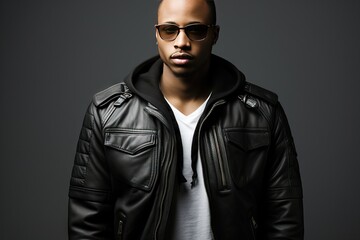 Jacket Leather Man Black african american goggles t-shirt white standing isolated guy looking model hot head fashion photogenic young stylish sexy face male attractive confident cool portrait