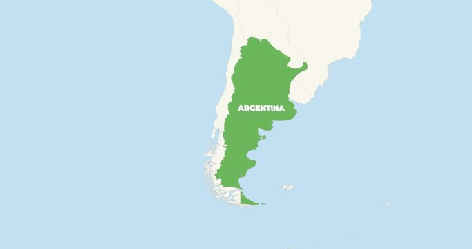 World Map Zoom In To Argentina. Animation in 4K Video. Green Argentina Territory On Blue and White World Map