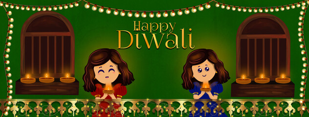 Happy Diwali Hindu Illustration with Indian Rangoli and Fireworks Background for Light Festival of India in Flat Kids Cartoon Design