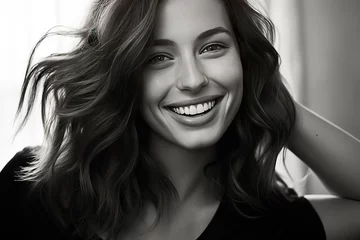 Tuinposter camera looking face smile big woman happy young portrait white Black girl smiling gorgeous beautiful pretty adult cheerful attractive beauty brow brunette care cosmetic cute elegance eyebrow © sandra