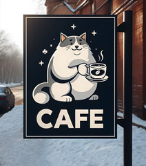 Funny advertising sign with cat in roadside cafe
