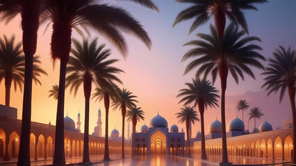 Beautiful pathway of Mosque with palm Trees during sunset in Ramadan Kareem