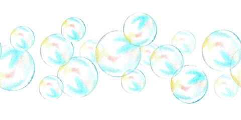 Soap Bubble seamless Border. Watercolor illustration of rainbow foam. Hand drawn on white isolated background. Drawing of air ball pattern. Painting of template frame