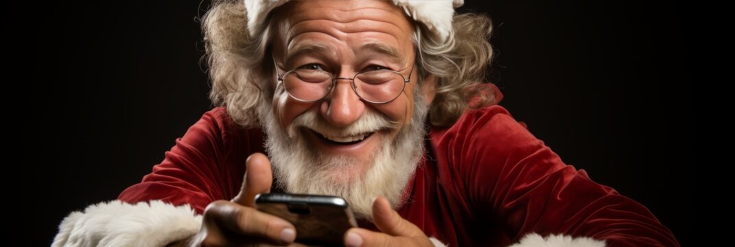 A wide-format abstract background image, portraying Santa Claus joyfully reading messages on his phone with a cheerful smile, blending modernity with festive charm. Photorealistic illustration