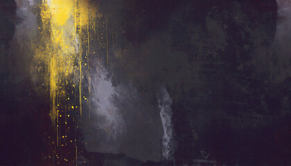 Grunge background with space for text, abstract texture; old street wall and yellow paint stain, stains and scratches