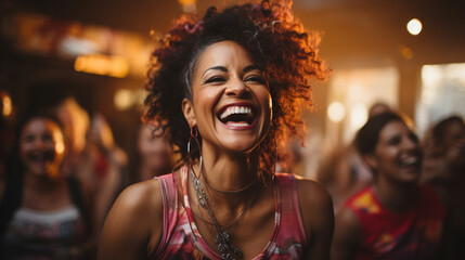Zumba dance class filled with middle-aged women each expressing their happiness and energy through dance, AI Generated - obrazy, fototapety, plakaty
