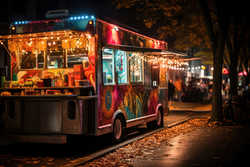 A vibrant food truck brightly lit at night, serving delicious street food to city goers at an urban street festival.