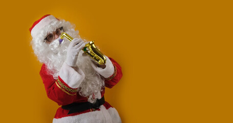 Santa Claus play on a saxophone.