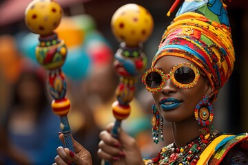 Energetic Musician at Carnival: Vibrant Maraca Shaking - obrazy, fototapety, plakaty