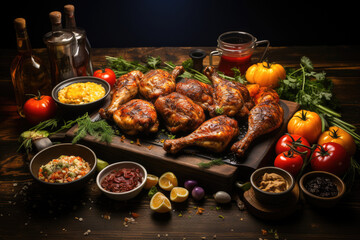 Succulent roasted chickens with herbs, surrounded by fresh vegetables and sauces, perfect for a festive dinner.