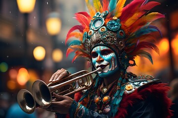Dynamic Carnival Rhythm: Vibrant Musician Shaking Maraca - obrazy, fototapety, plakaty