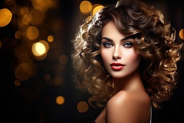 background dark holiday hairstyle curly makeup beautiful woman Beauty sexy brunette coiffure light make-up hair facial gorgeous lock model mystery mysterious brown glowing night glamour luxury - obrazy, fototapety, plakaty