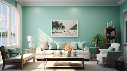 Picture small residence amid soothing tiffany blue background, AI Generated