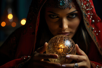 Portrait of a gypsy fortune teller, witchcraft, mysticism and extrasensory perception concept. Close-up of a mystical woman ball sphere of clairvoyance - obrazy, fototapety, plakaty