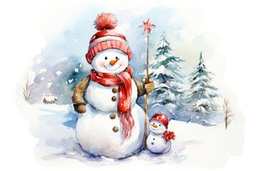 Illustration of a funny snowman. Concept of winter, new year, Christmas.