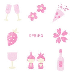 春に使えるワインと季節のベタ塗りイラストセット（ピンク）