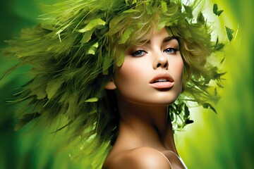 Nature Summer Hair Grass Green Fresh Woman Spring Beauty fantasy girl isolated white young flora fashion beautiful coiffure bio cut art care look skin wild tale model dream plant fairy party idea - obrazy, fototapety, plakaty
