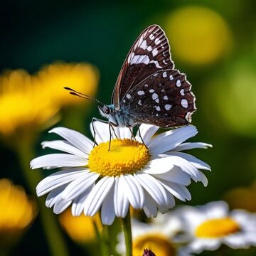 Macro photo of a pigeon butterfly sitting on a daisy