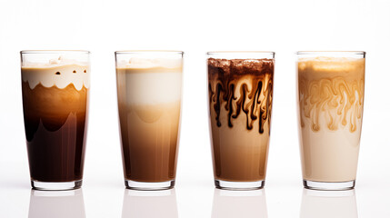 Four different glasses latte macchiato with some coffee beans, latte art, chocolate sauce, coffee splashes, isolated on a white background.
