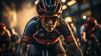 portrait of a cyclist wearing a sunglass and helmet closeup shot - Ai - obrazy, fototapety, plakaty