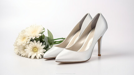 Brides wedding shoes with a bouquet