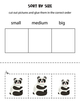Sort cute big panda by size. Educational worksheet for kids.