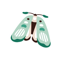 Tropical moth. Exotic butterfly. Fiction fancy summer insect. Delicate flying fauna species with beautiful folded wings, antennae. Flat vector illustration isolated on white background
