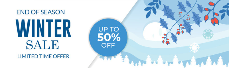 Winter sale banner. Winter sale text promo with white snowflakes element in blue background. Vector Illustration.