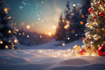Fototapeta na wymiar christmas tree with lights and snowflakes