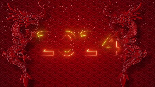 Countdown Happy Chinese New Year 2024, Year of the Dragon, Lunar New Year, Spring Festival decoration background featuring Oriental ornamental elements. Zodiac sign Dragon. Chinese neon text