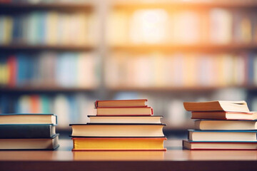 Book stack in the library room and blurred bookshelf for business and education background, back to school concept - obrazy, fototapety, plakaty