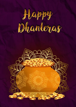 decorative happy dhanteras religious background pray for wealth and prosperity . Translation: Happy Dhanteras, dhan means wealth teras means thirteen