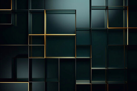Dark green abstract background with gold lines and shadow. Geometric shape overlap layers. Transparent squares. Modern luxury rounded squares graphic pattern banner template design