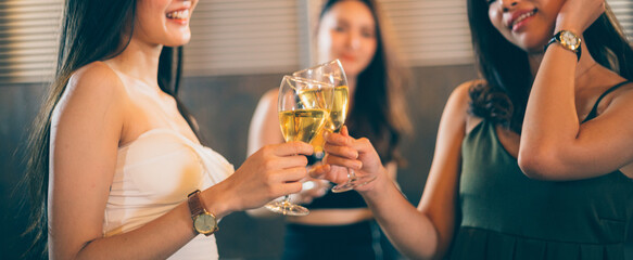 Girls gathering and toasting glasses of wine at the party. Group of people enjoy talking and drinking. Night lifestyle or clubbing concept