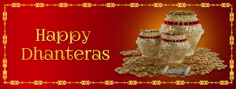 decorative happy dhanteras religious background pray for wealth and prosperity . Translation: Happy Dhanteras, dhan means wealth teras means thirteen