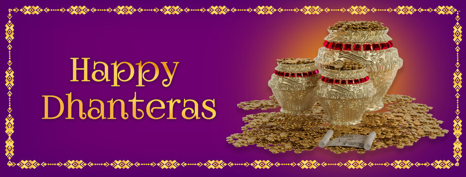 decorative happy dhanteras religious background pray for wealth and prosperity . Translation: Happy Dhanteras, dhan means wealth teras means thirteen