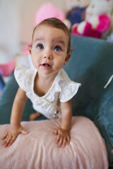 Fototapeta premium Ultrawide funny portrait of little girl at home