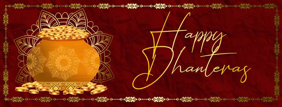 decorative happy dhanteras religious background pray for wealth and prosperity . Translation: Happy Dhanteras, dhan means wealth teras means thirteen