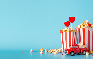 Create a memorable cinematic Valentine's with food delivery. Side view table accents include tiny...