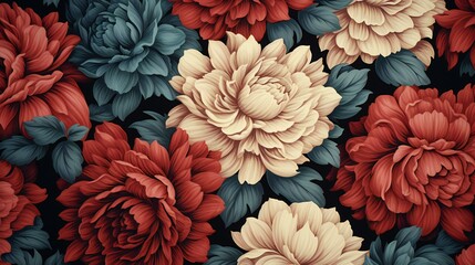 Luxuriant Red and Blue Blooms Flourish in a Dramatic Display Against a Dark Backdrop